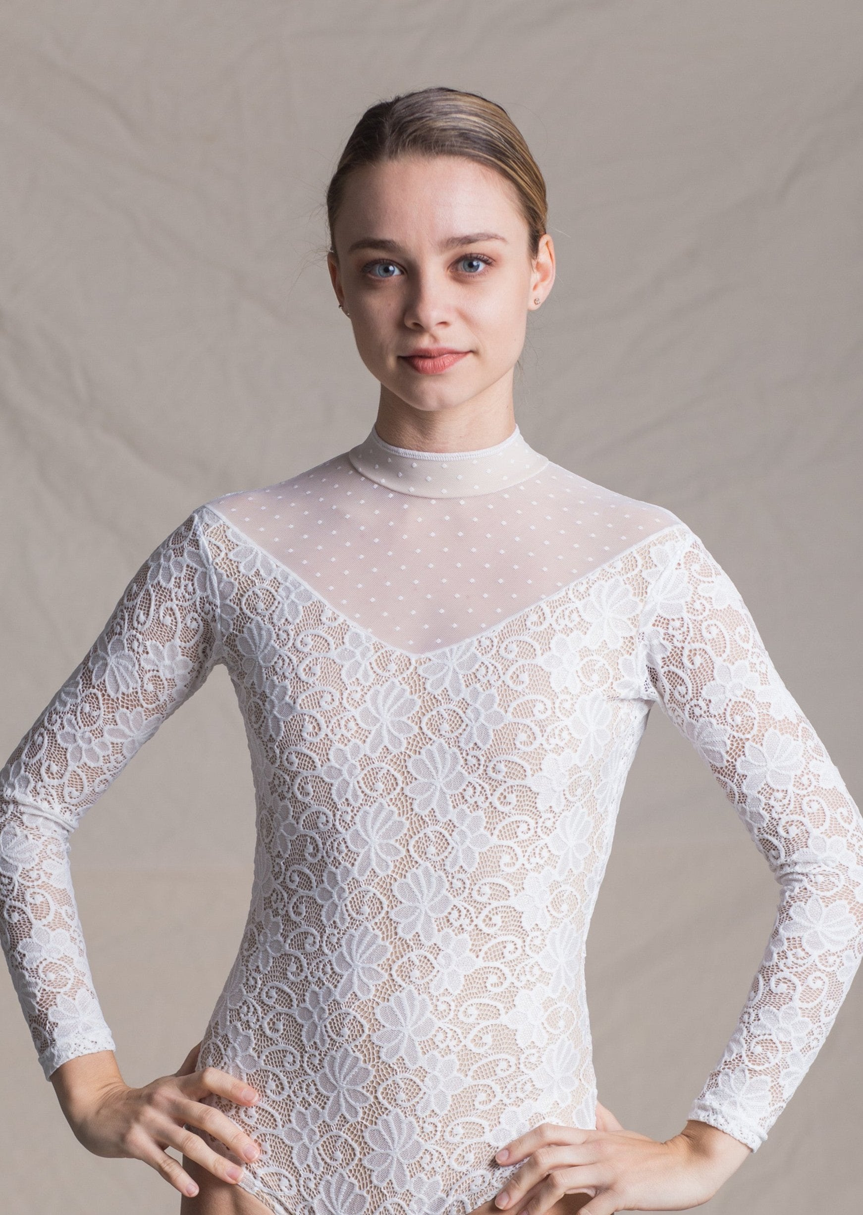 Barbara Leotard - Long Sleeve Lace & Polka Dot Leotard white front