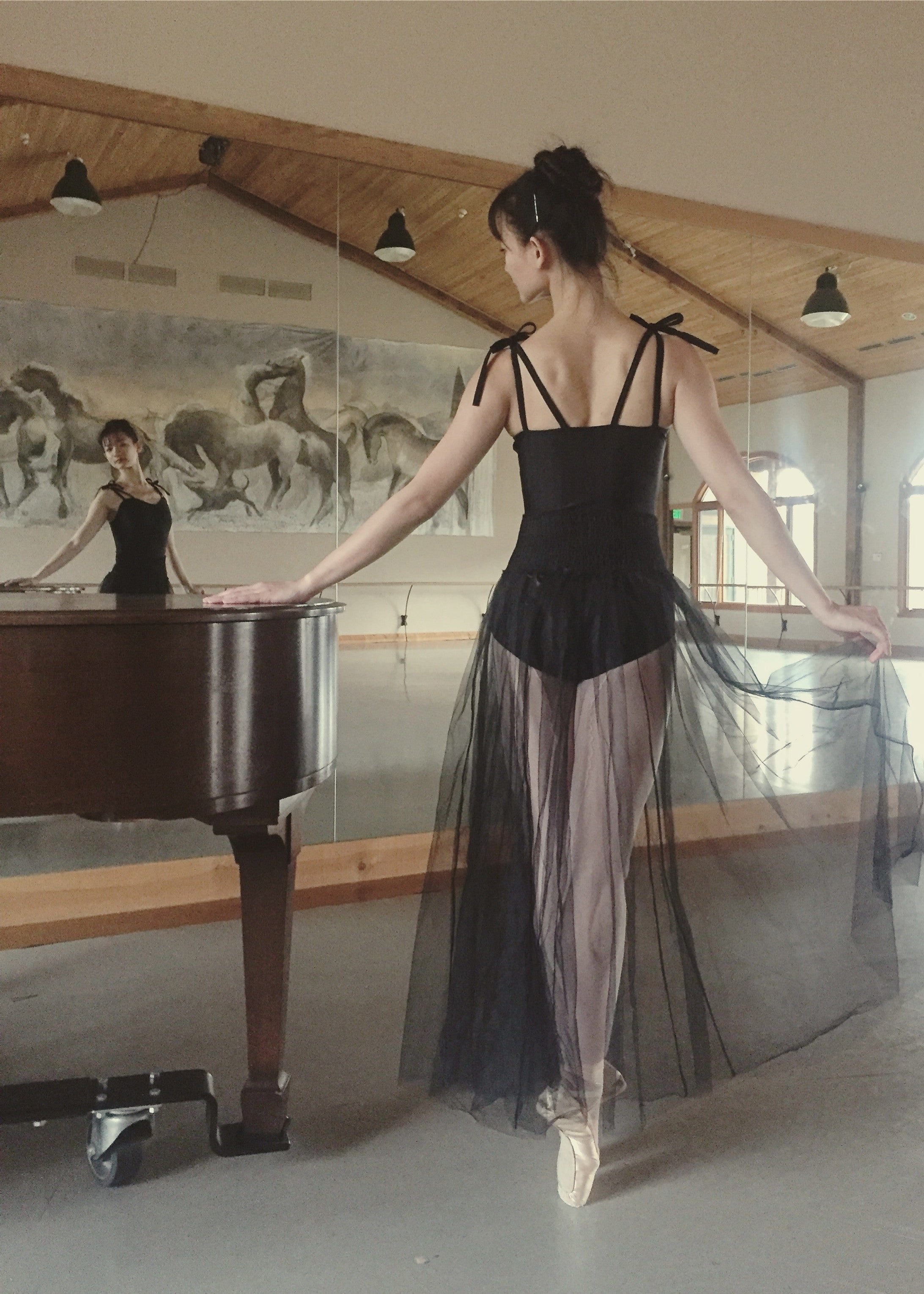 Rosalinde Leotard - Striped Camisole Leotard with Shoulder Bows black back