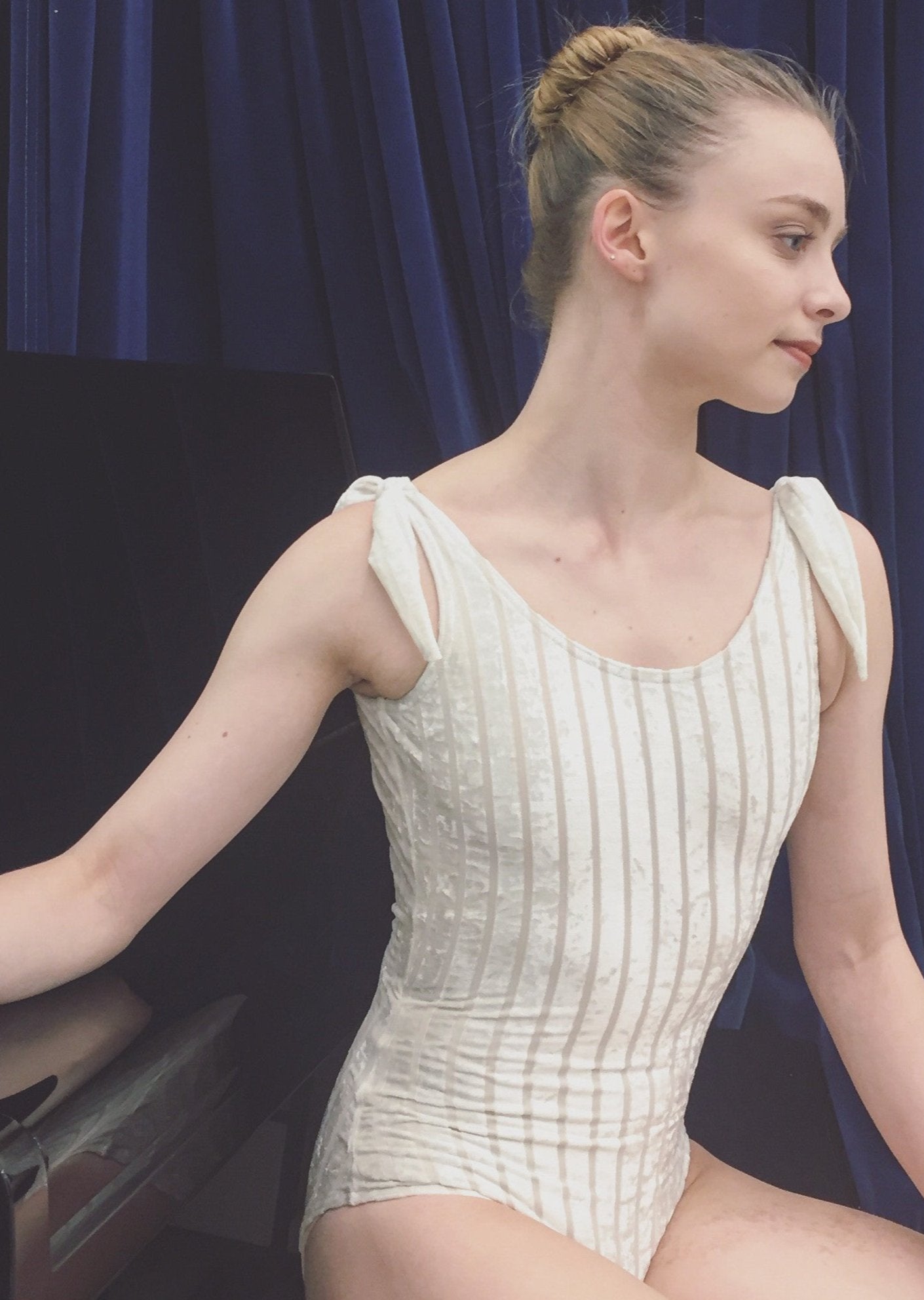 Bella Leotard - Striped Velvet Tank Leotard with Shoulder Bows white front