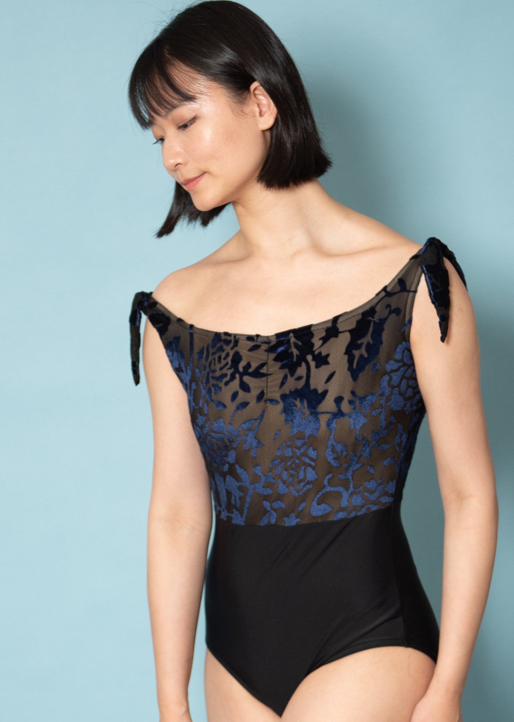 Berthe Leotard - Floral Velvet Leotard with Shoulder Bows midnight blue front