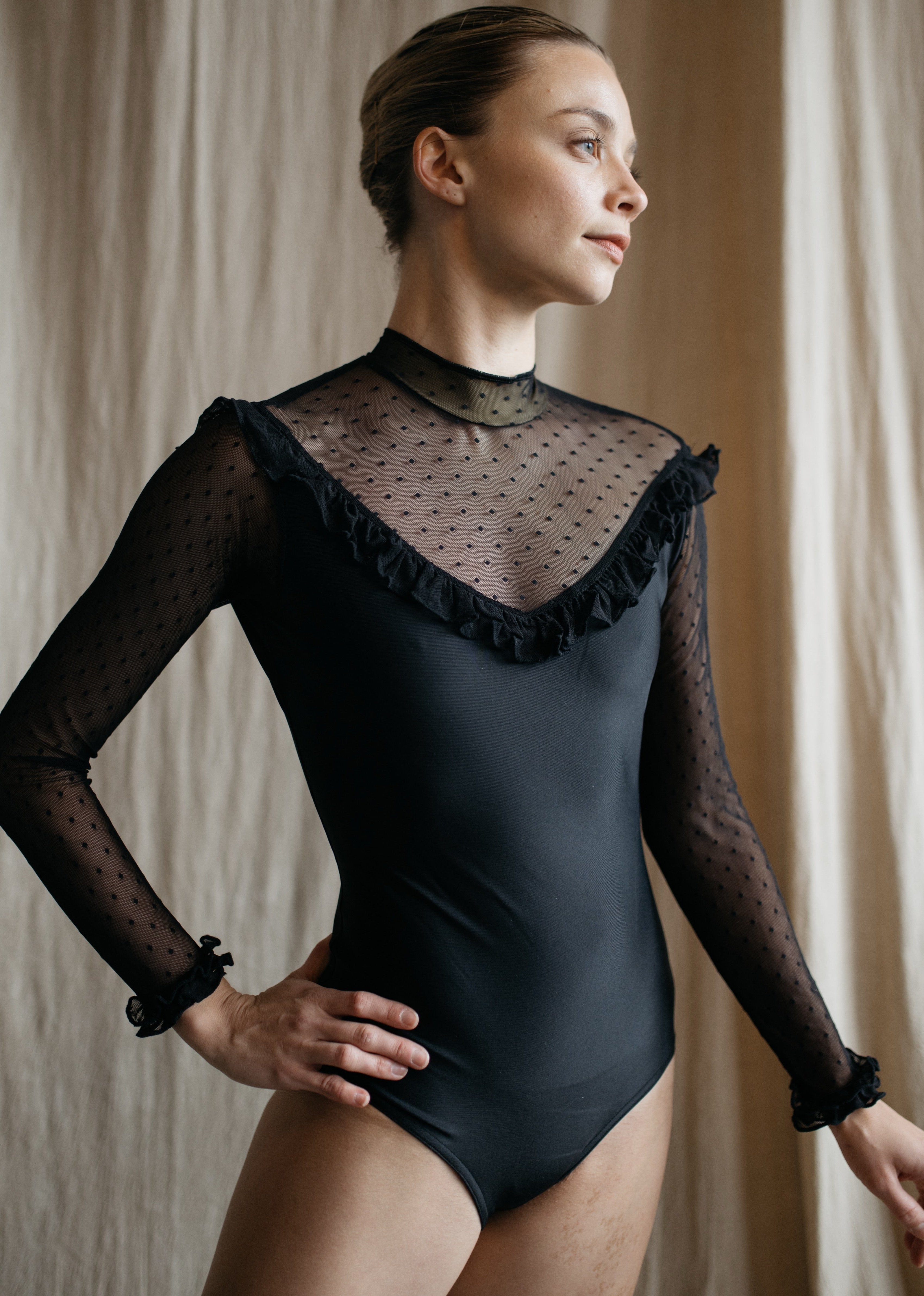 Lydia Leotard - Ruffle Long Sleeves Leotard with Polka Dot Mesh black front