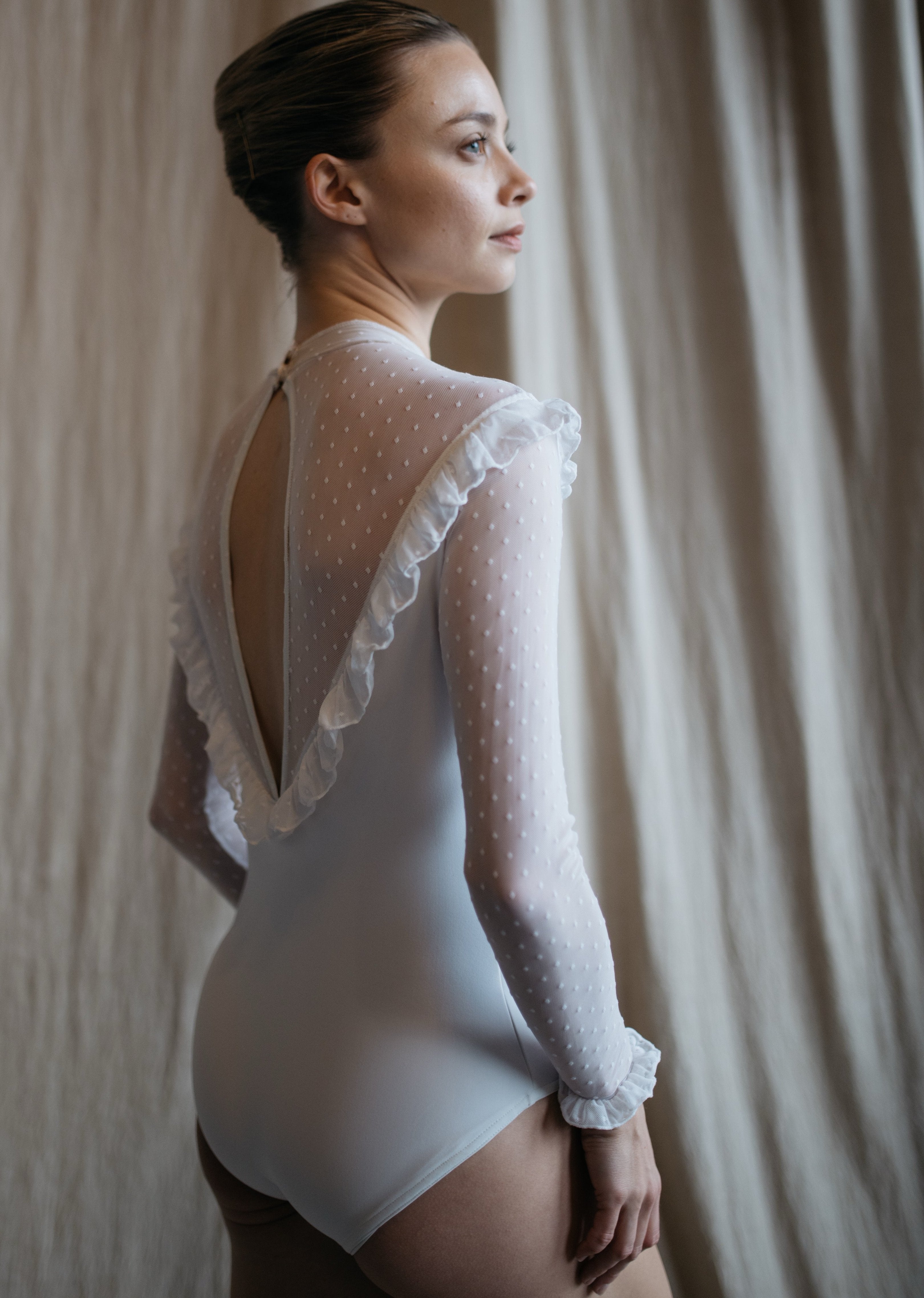 Lydia Leotard - Ruffle Long Sleeves Leotard with Polka Dot Mesh white back