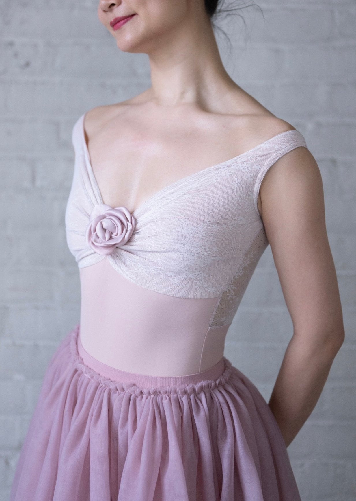 Rose Leotard - Lace Sleeveless Leotard with Detachable Rose dusty pink front