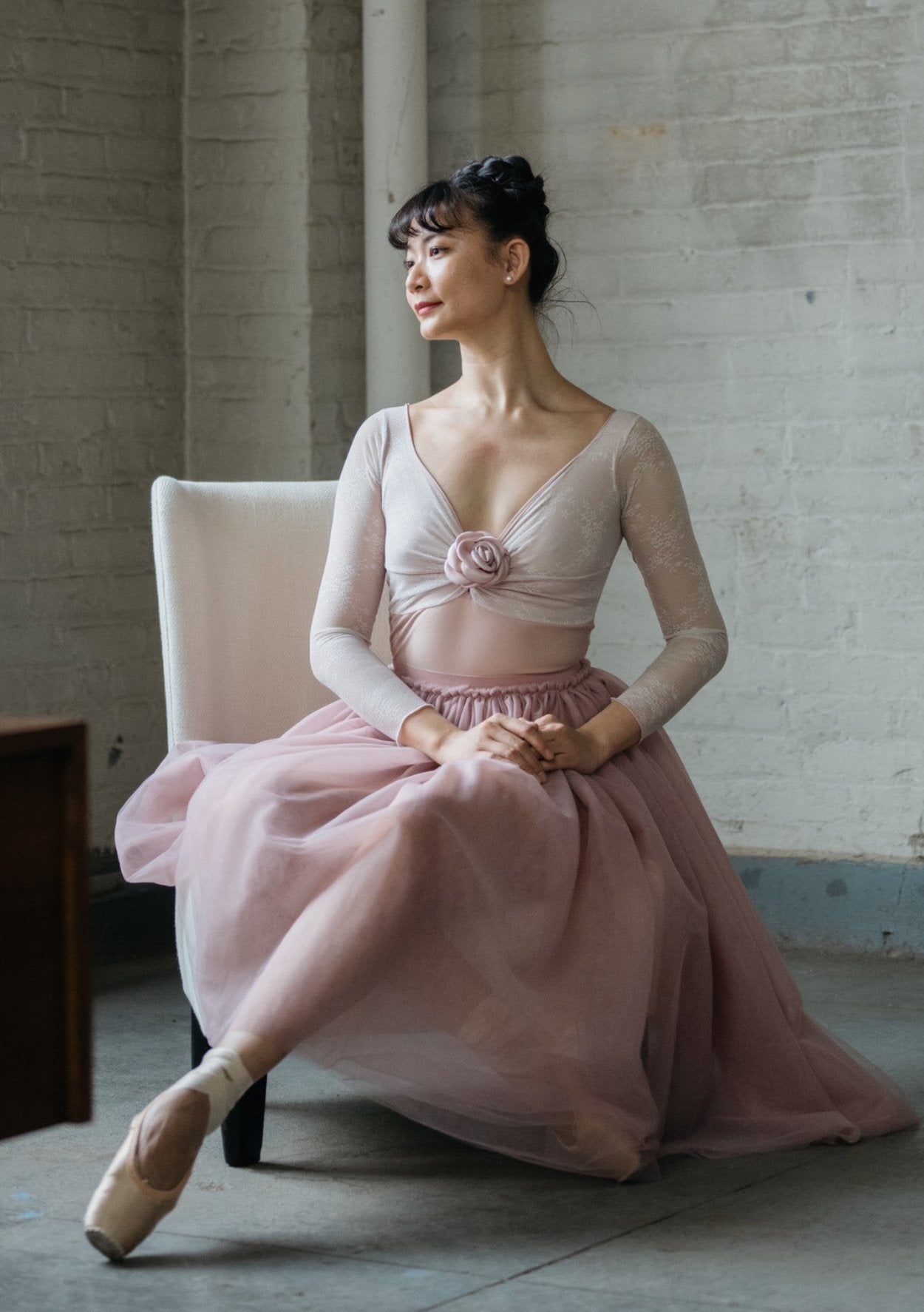 Violetta Leotard - Lace Long-Sleeve Leotard with Detachable Rose dusty pink full body front