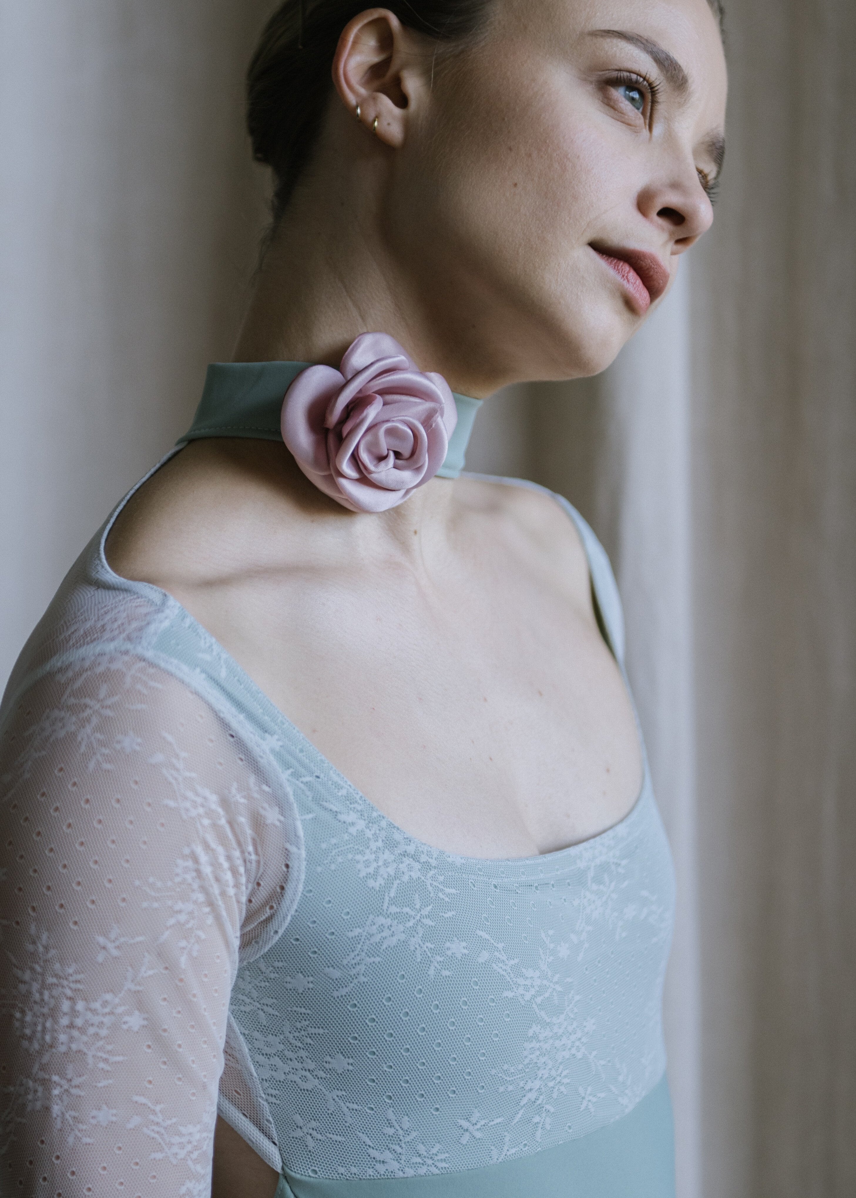 Carmen Leotard-Square Neck Lace Long Sleeves Choker Leotard with Detachable Rose teal front details