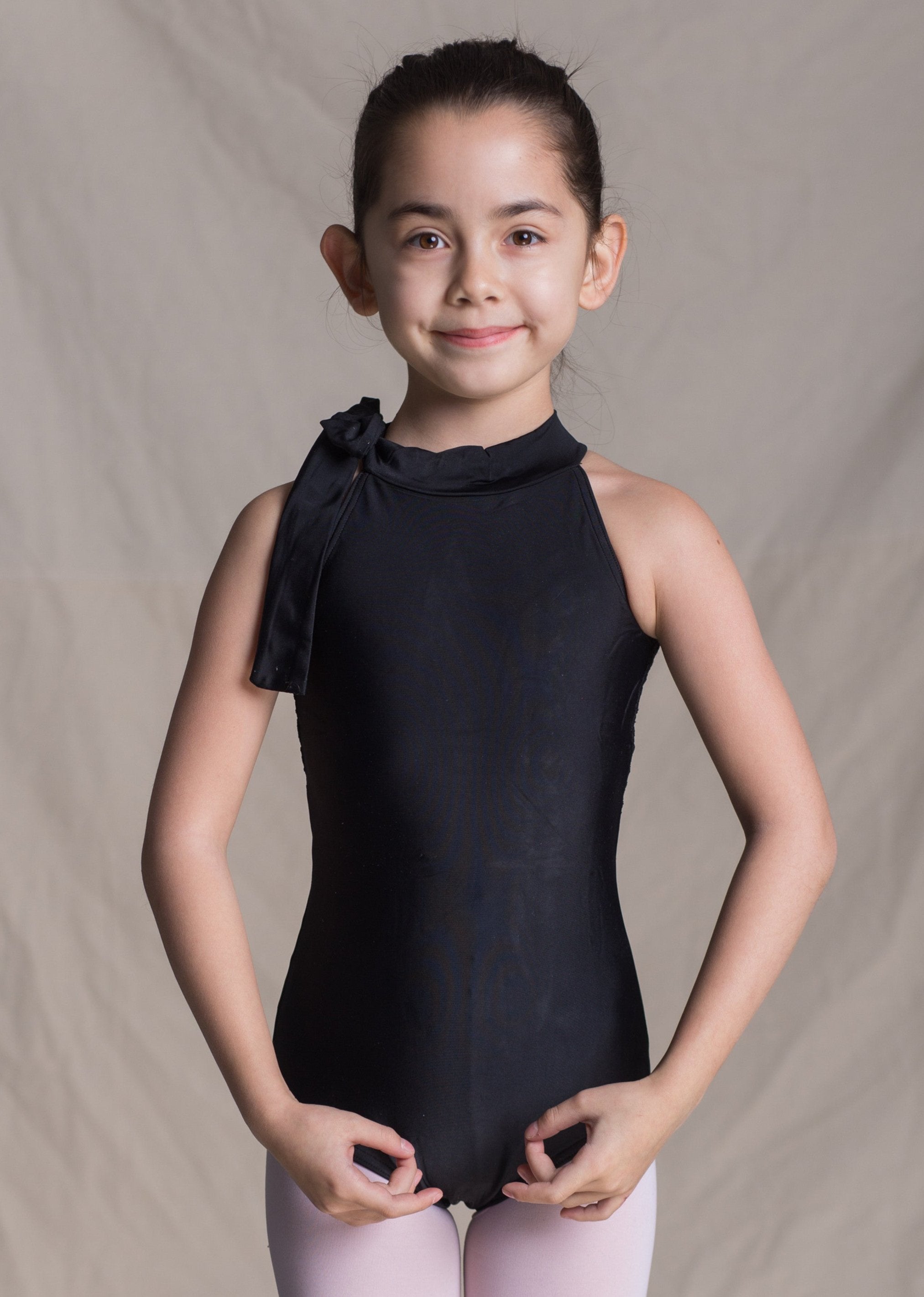 Children Collection: Athena Leotard-Bow Halter Leotard with Lace Back black front