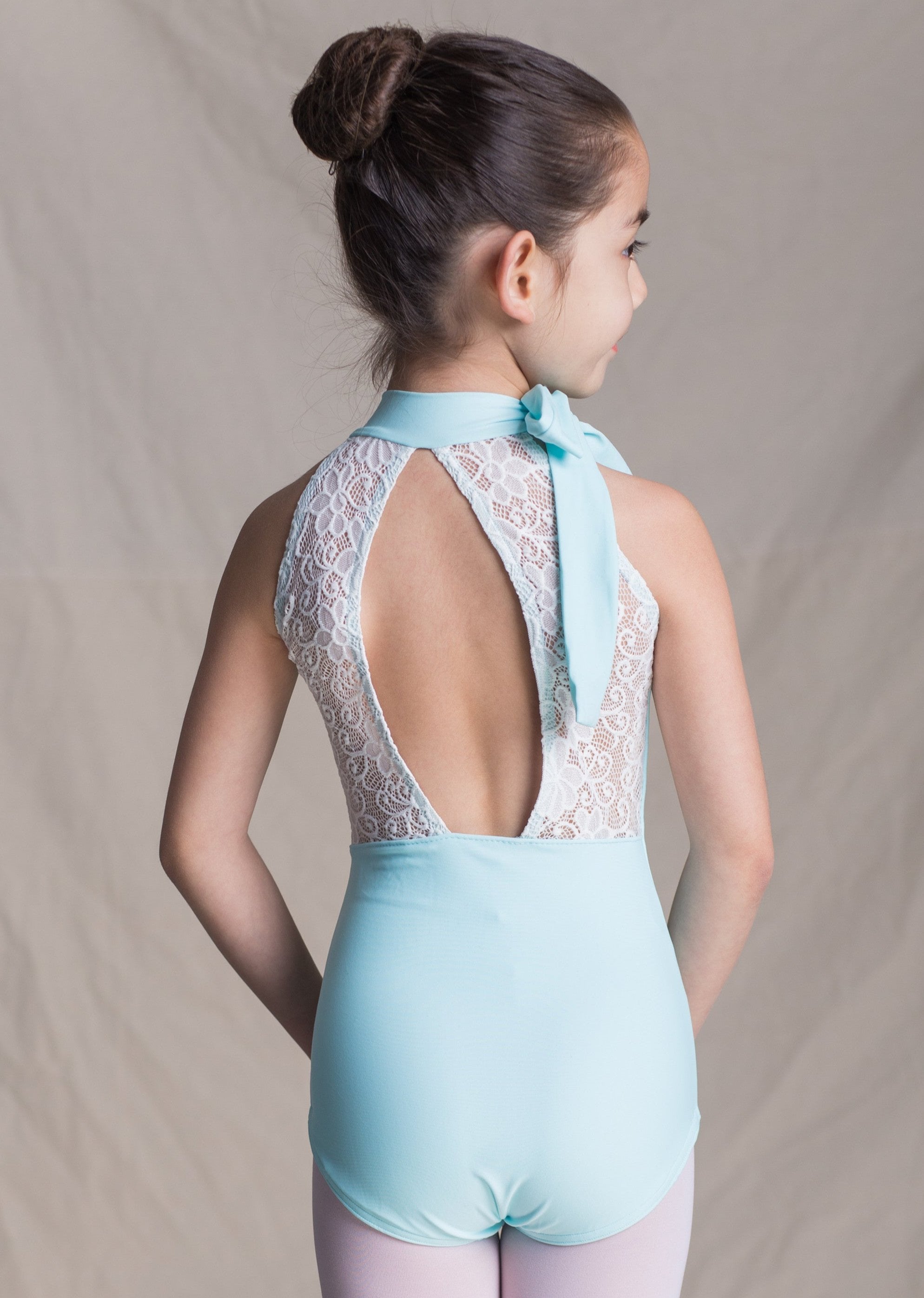 Children Collection: Athena Leotard-Bow Halter Leotard with Lace Back baby blue back