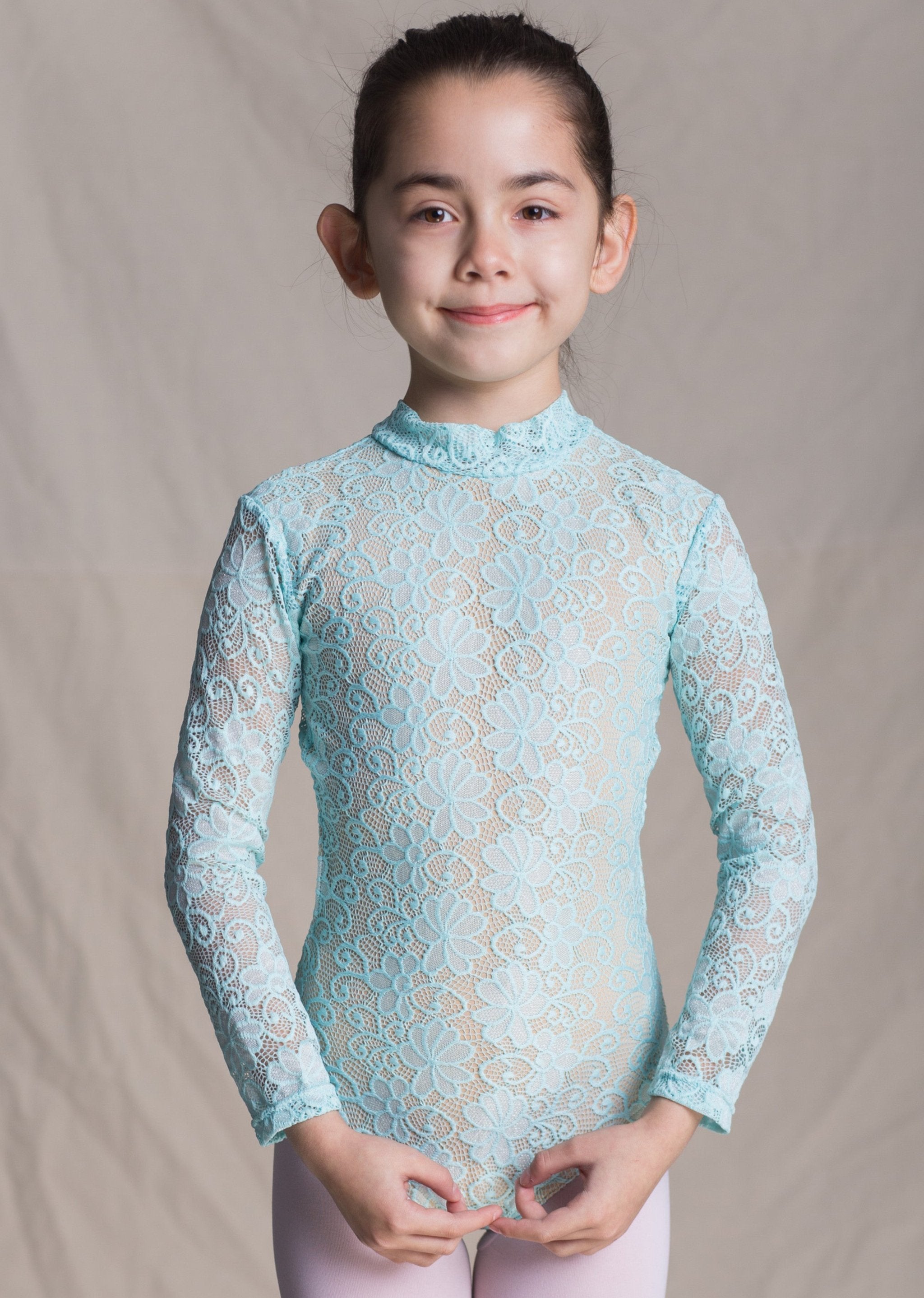 Children collection: Eliza Leotard-Floral Full Lace Long Sleeves Leotard Baby blue front