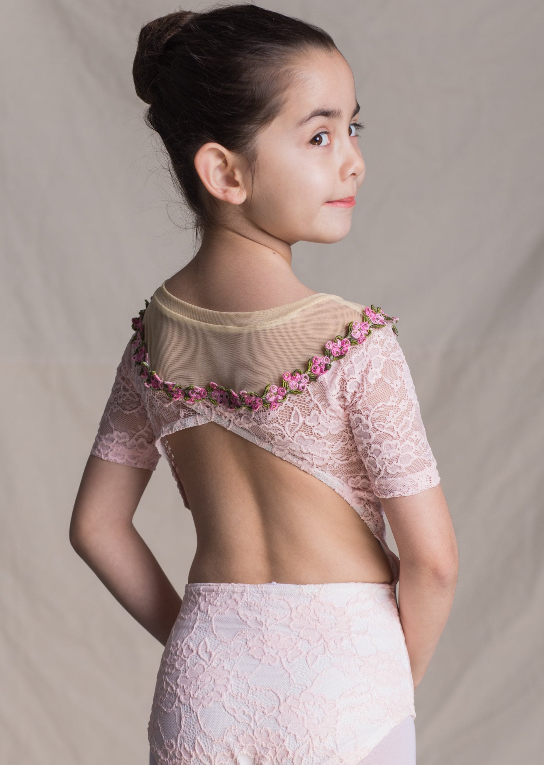 Children Collection: Aurora Leotard- Lace Short Sleeves Leotard with Rose Neckline Pink back