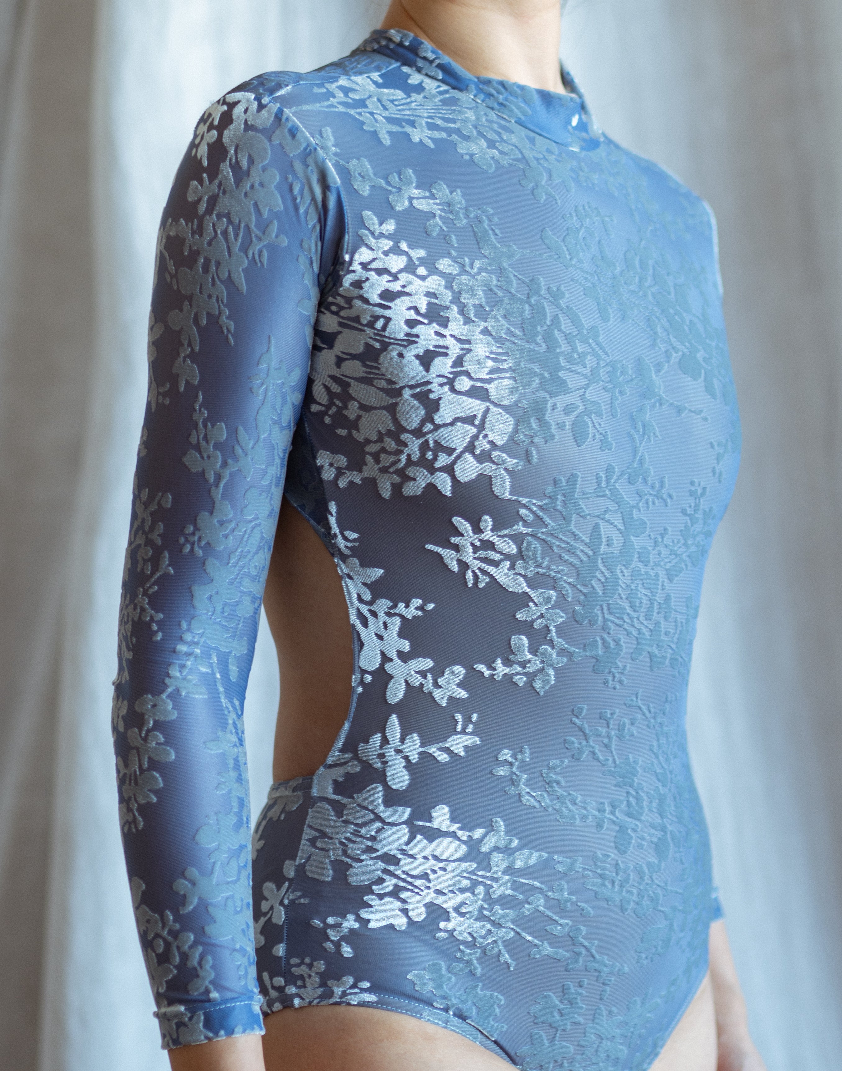 Doolittle velvet floral long sleeves leotard smokey blue