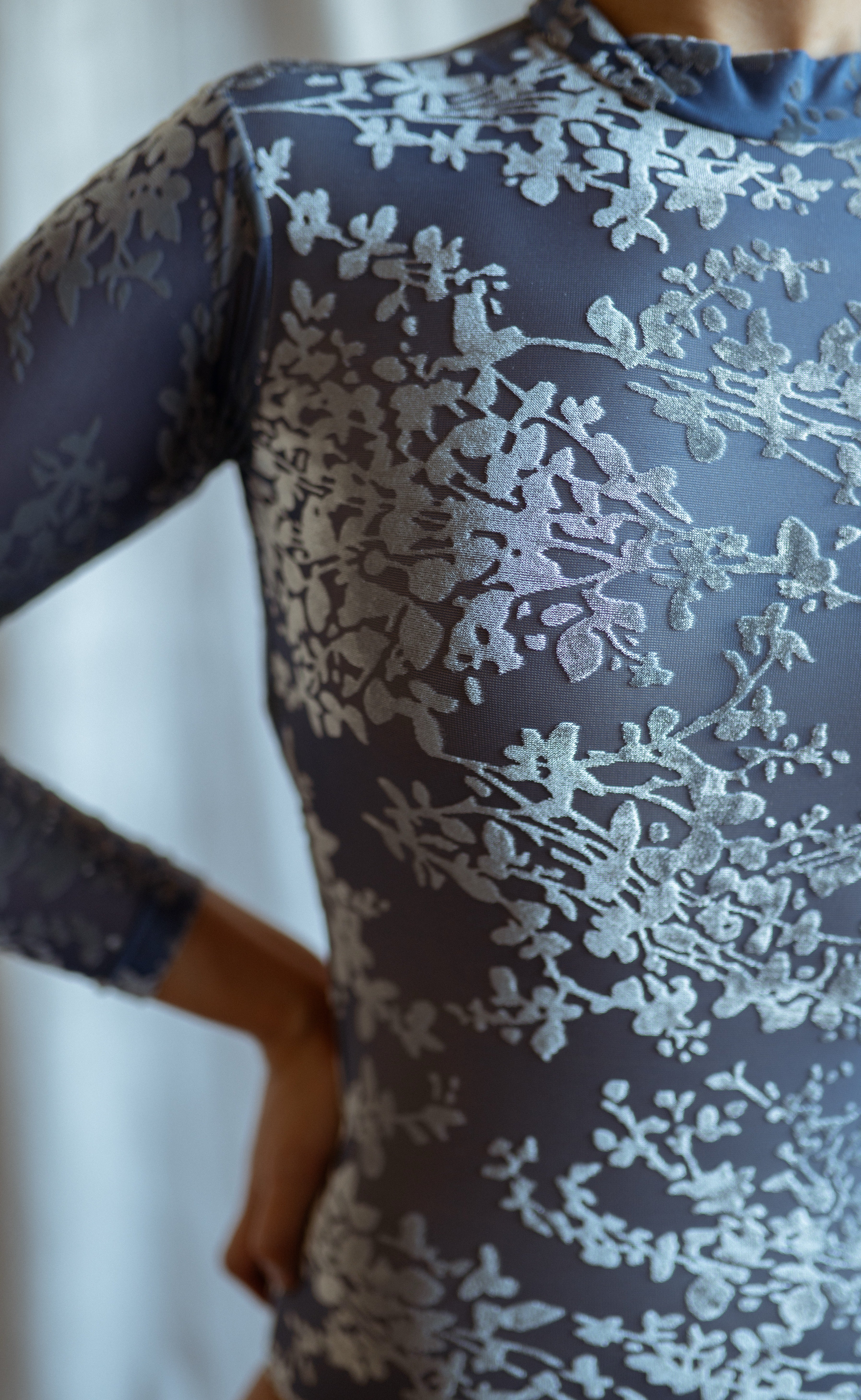 details of Doolittle long sleeves velvet floral leotard smokey blue