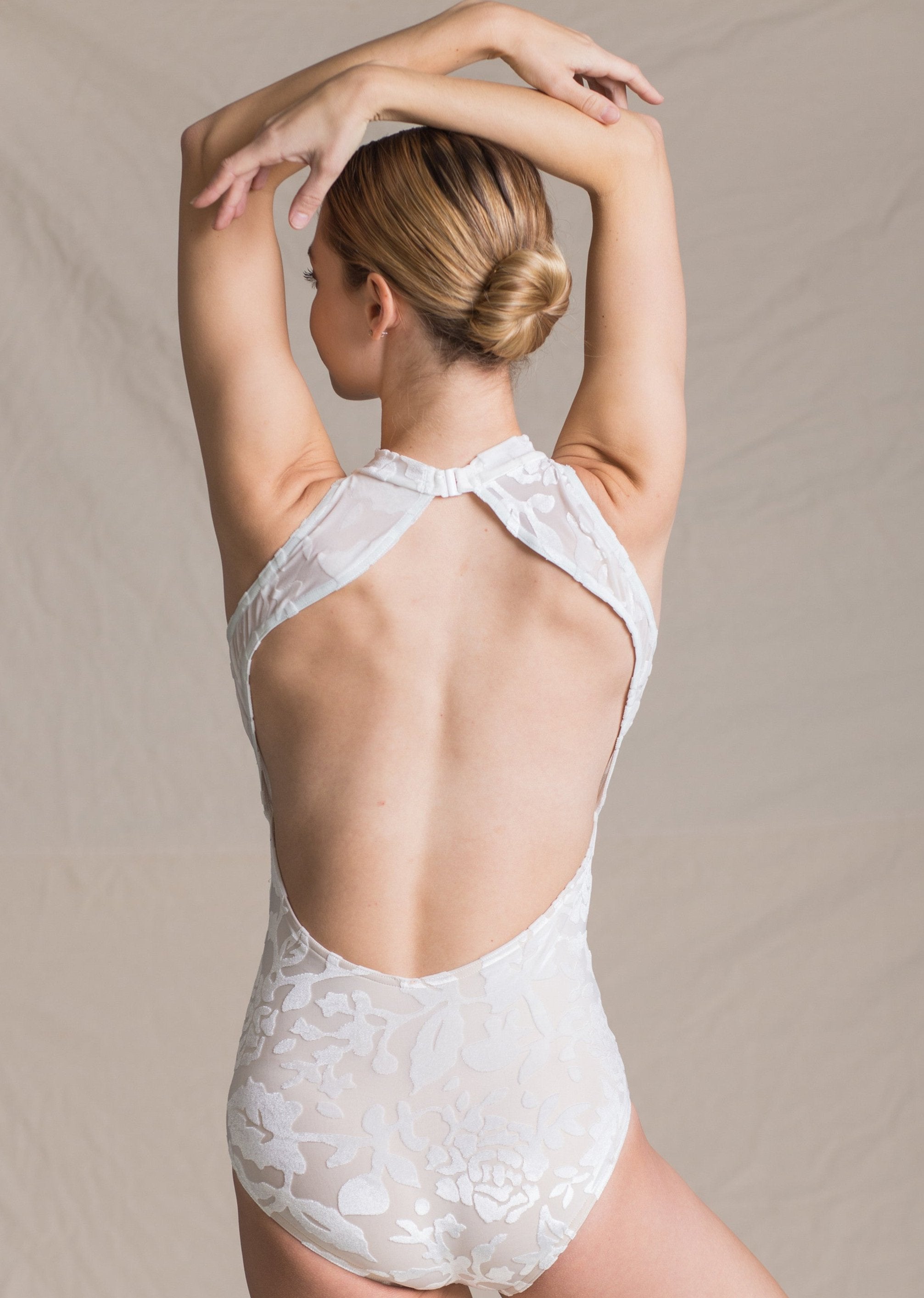 Terpsichore Leotard Velvet - Floral Velvet Halter Leotard white back