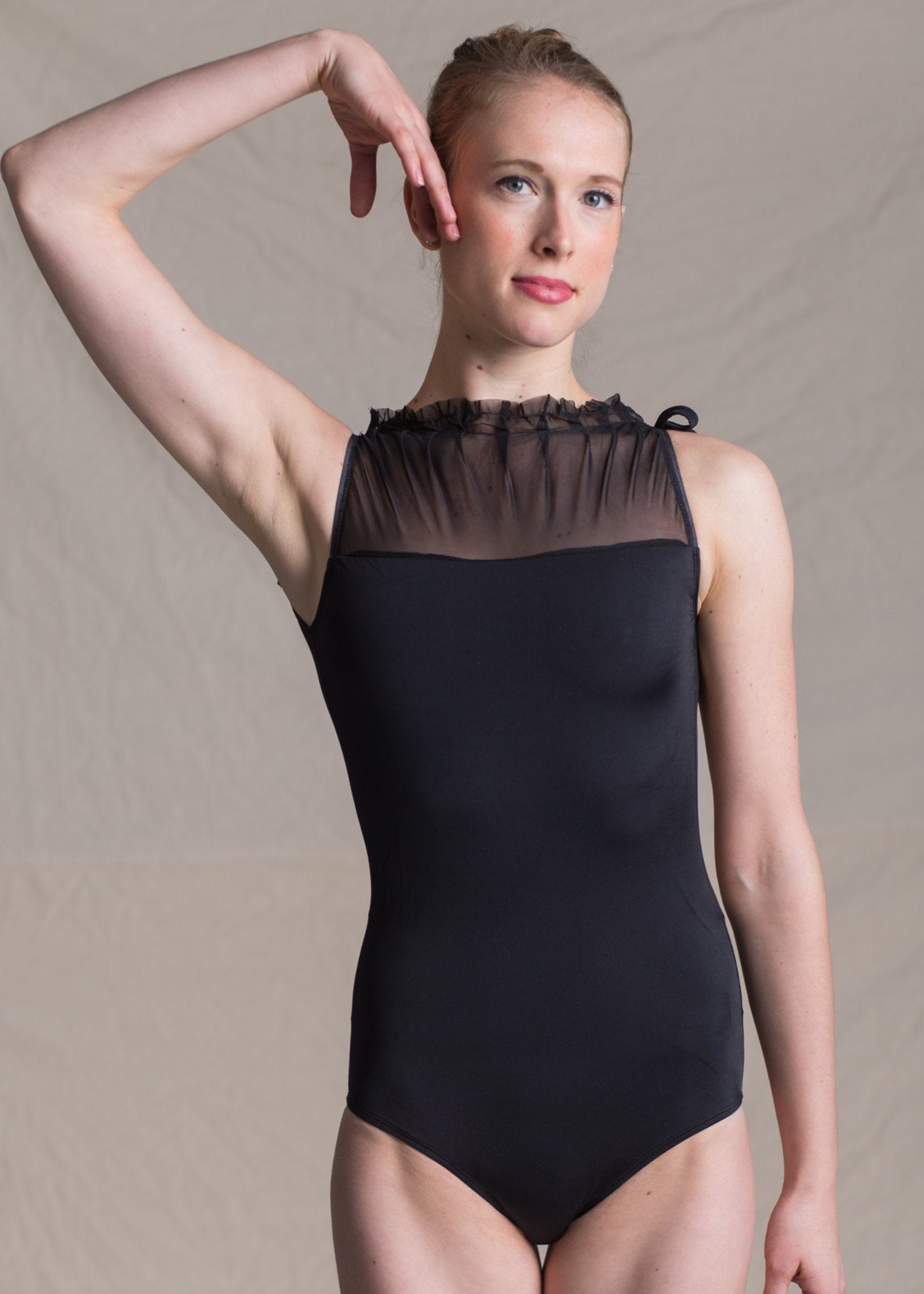 Sabrina Leotard - Bow Shoulder Mesh Leotard black front