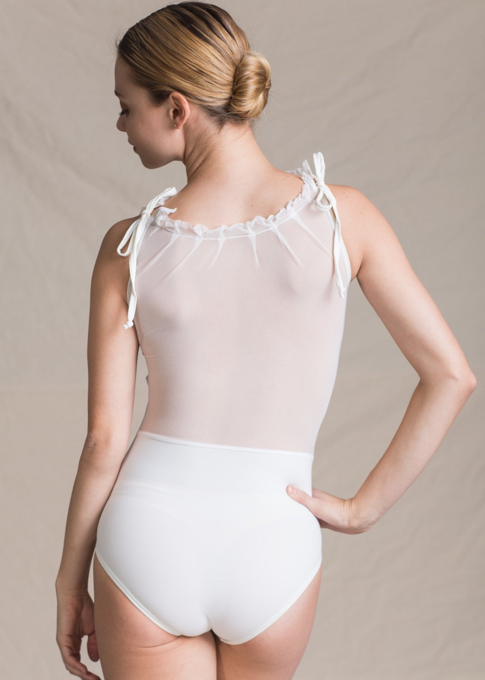 Sabrina Leotard - Bow Shoulder Mesh Leotard white back
