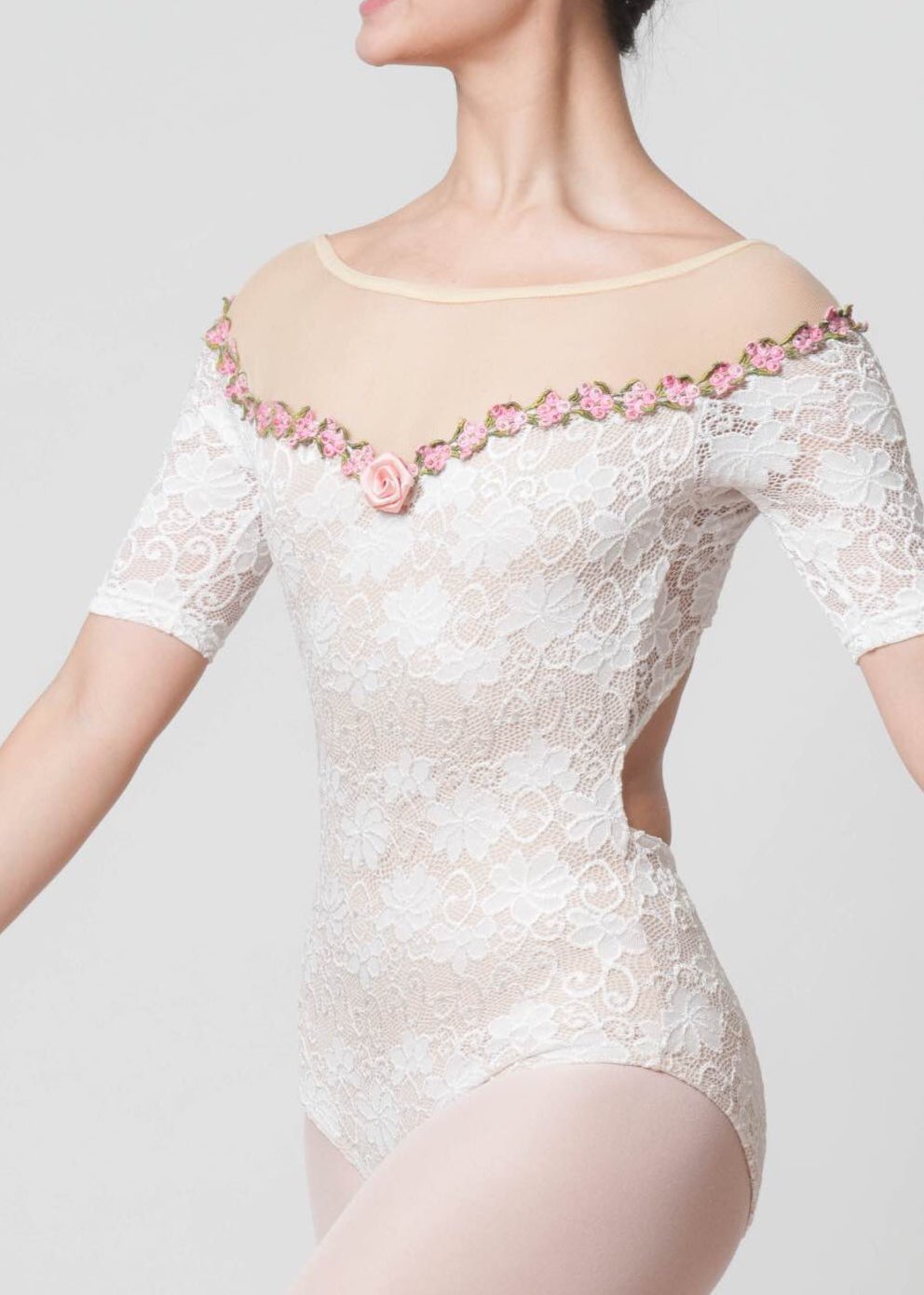 Aurora Leotard - Lace Short Sleeves Leotard with Rose Neckline white front