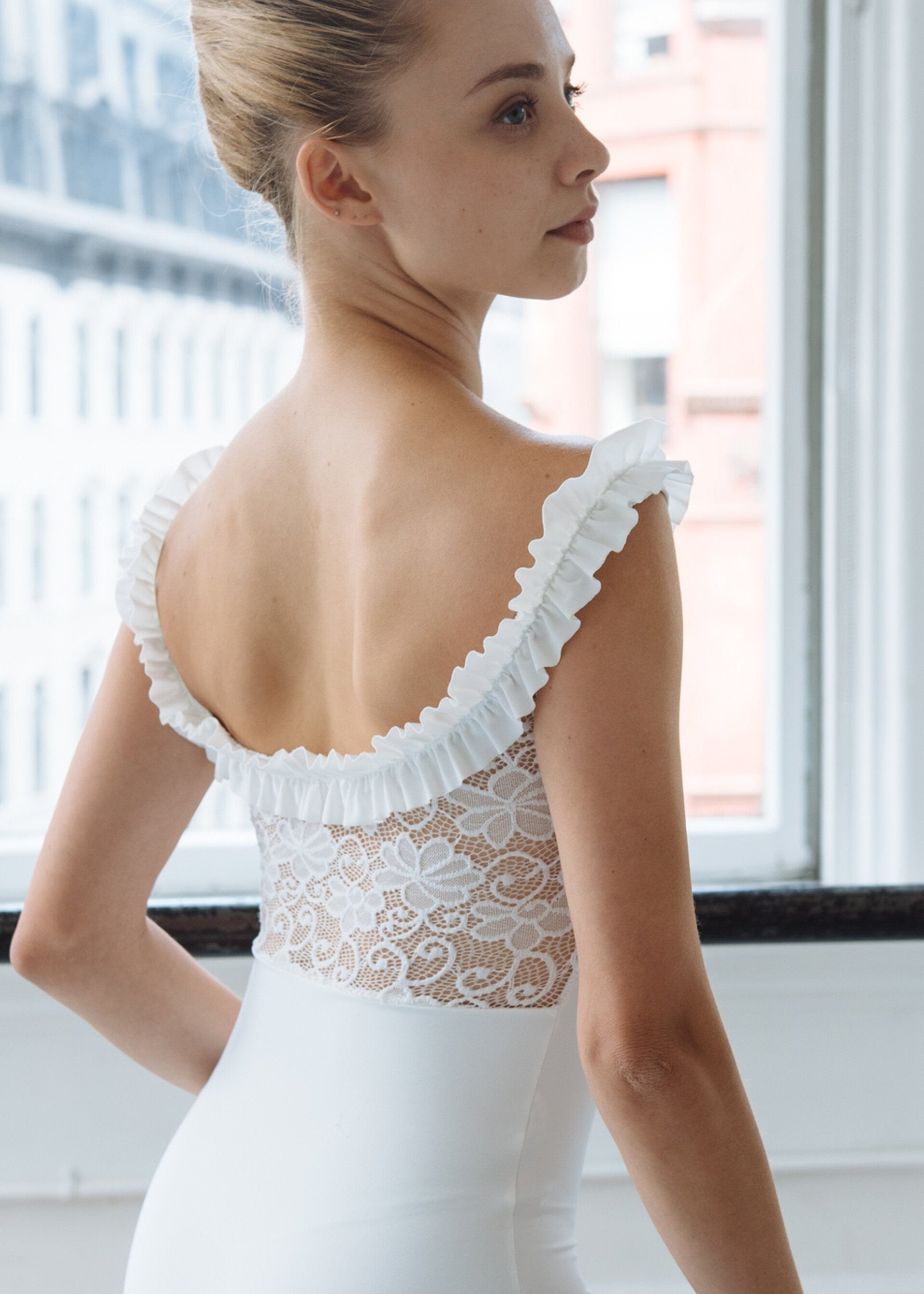 Marie Leotard - Ruffle Neckline Off-shoulder Leotard white back