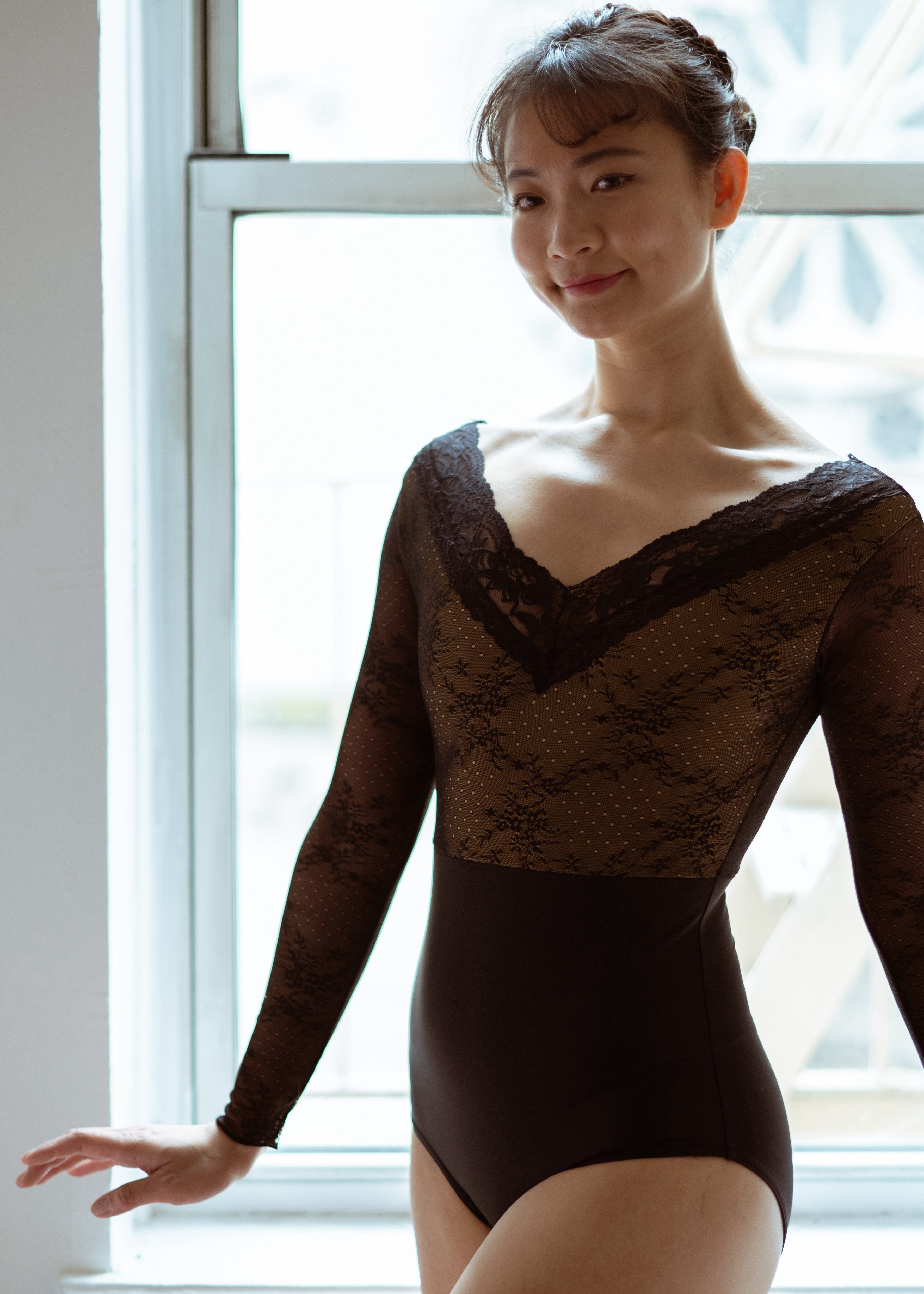 Fremont Leotard - V Neck Long Sleeve Lace Leotard black front