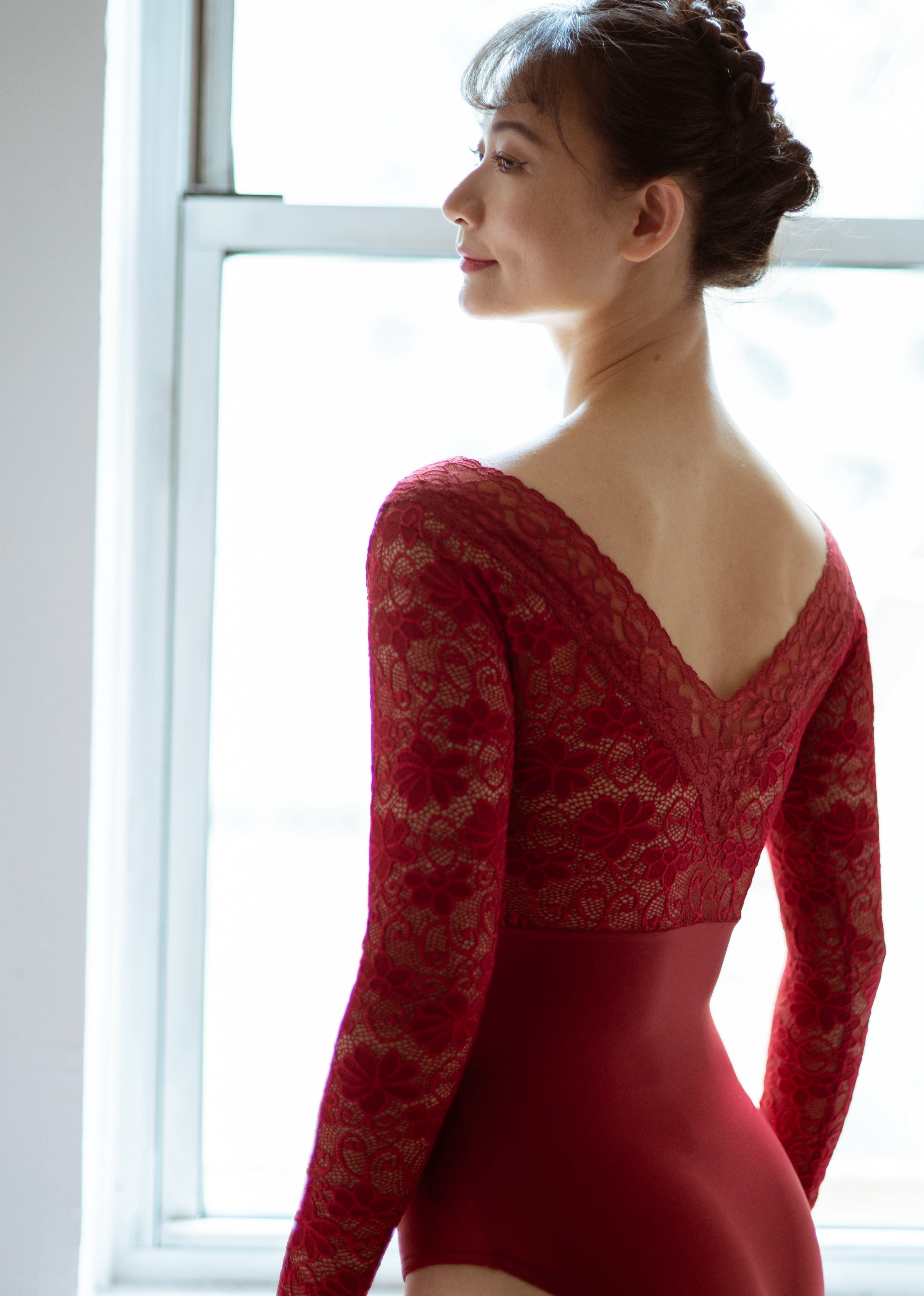 Fremont Leotard - V Neck Long Sleeve Lace Leotard red back