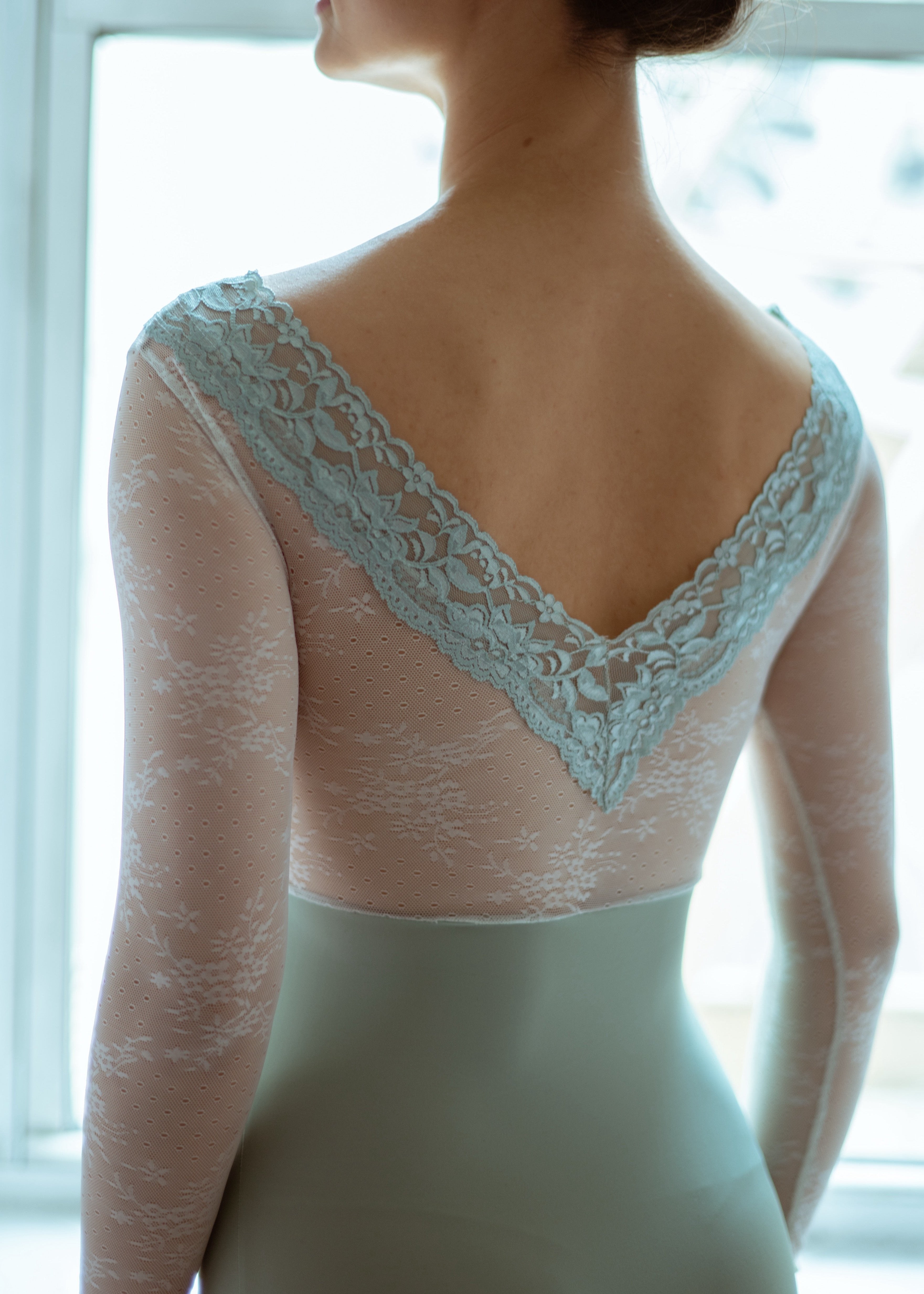 Fremont Leotard - V Neck Long Sleeve Lace Leotard teal back