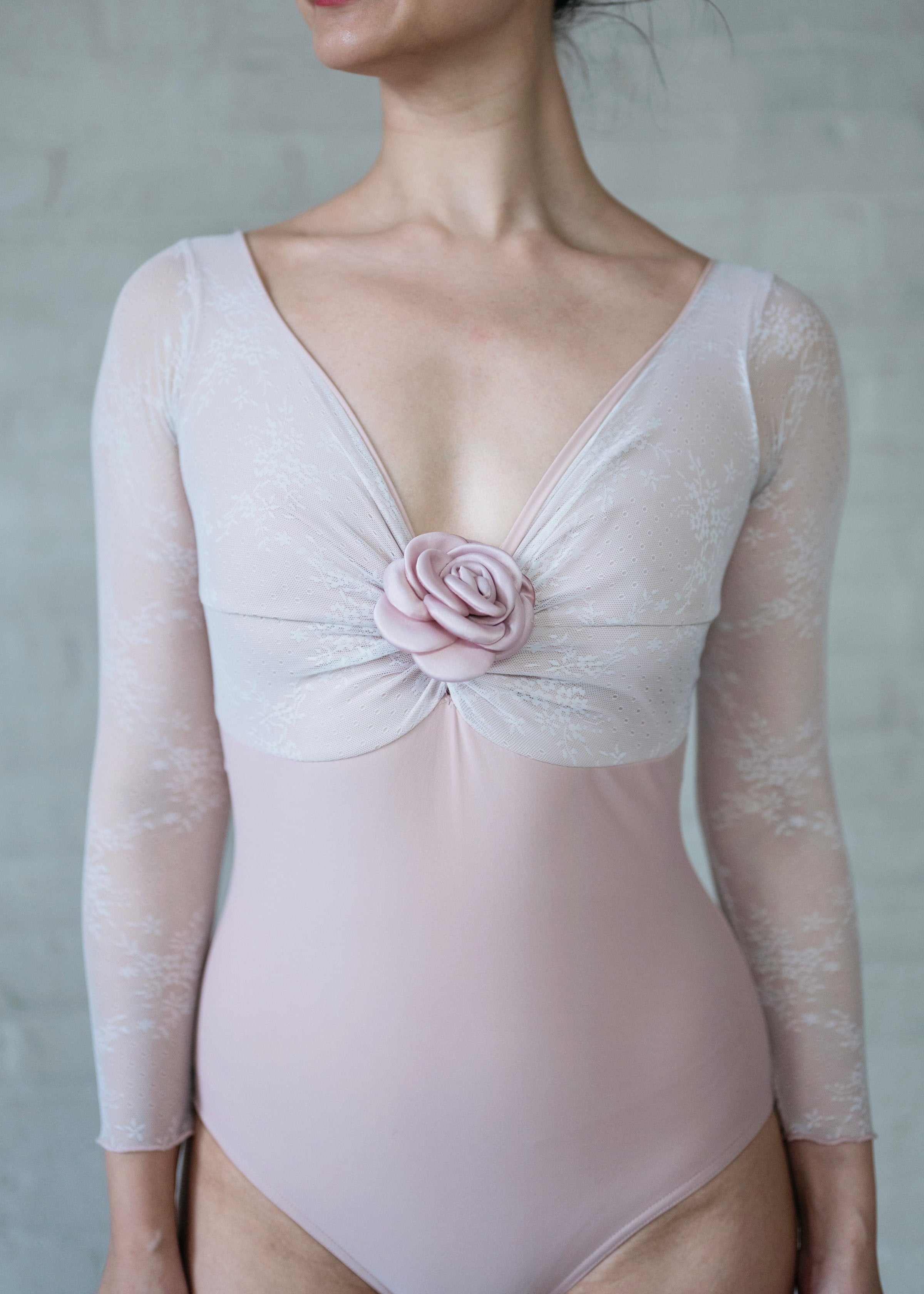Violetta Leotard - Lace Long-Sleeve Leotard with Detachable Rose dusty pink front 