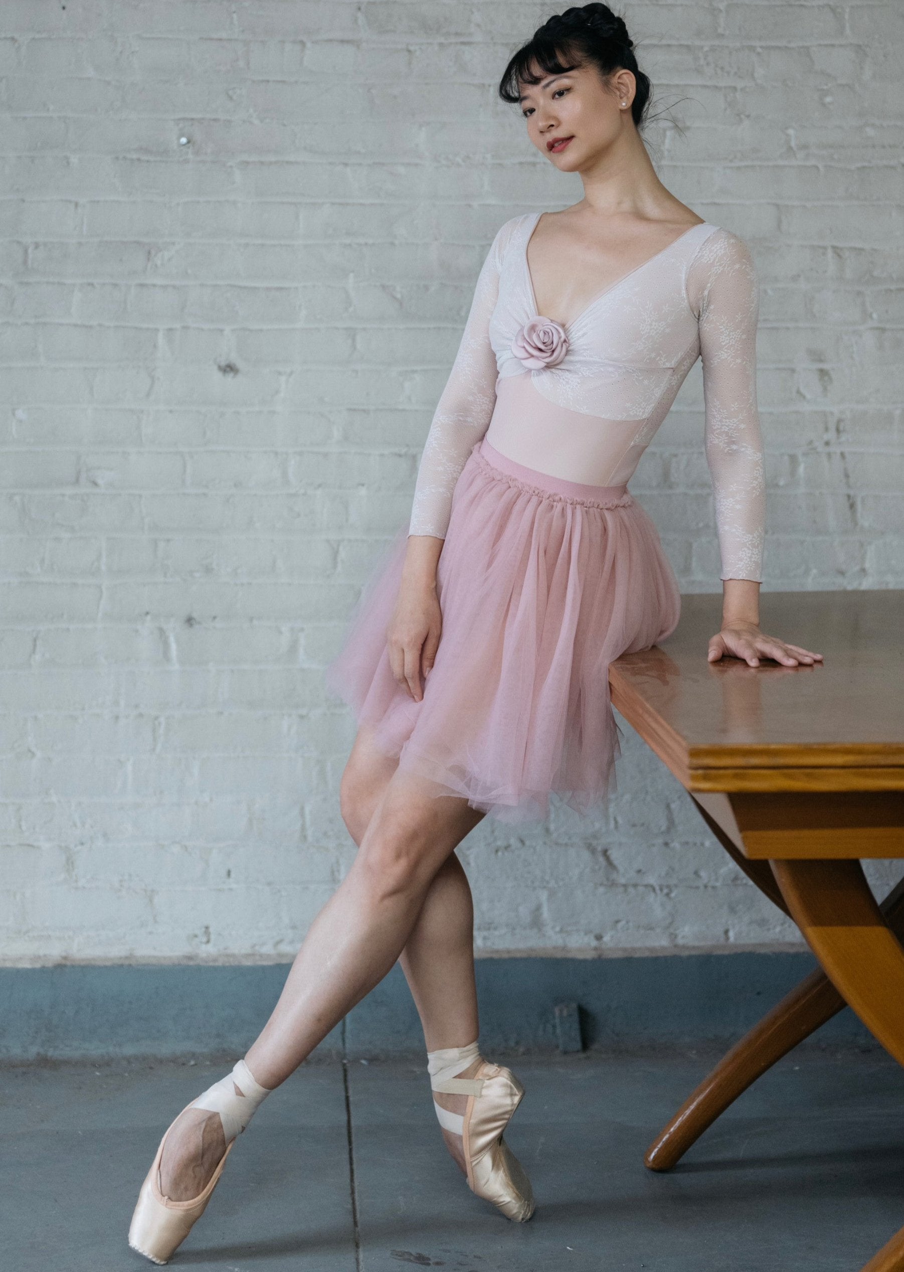 Violetta Leotard - Lace Long-Sleeve Leotard with Detachable Rose dusty pink full body