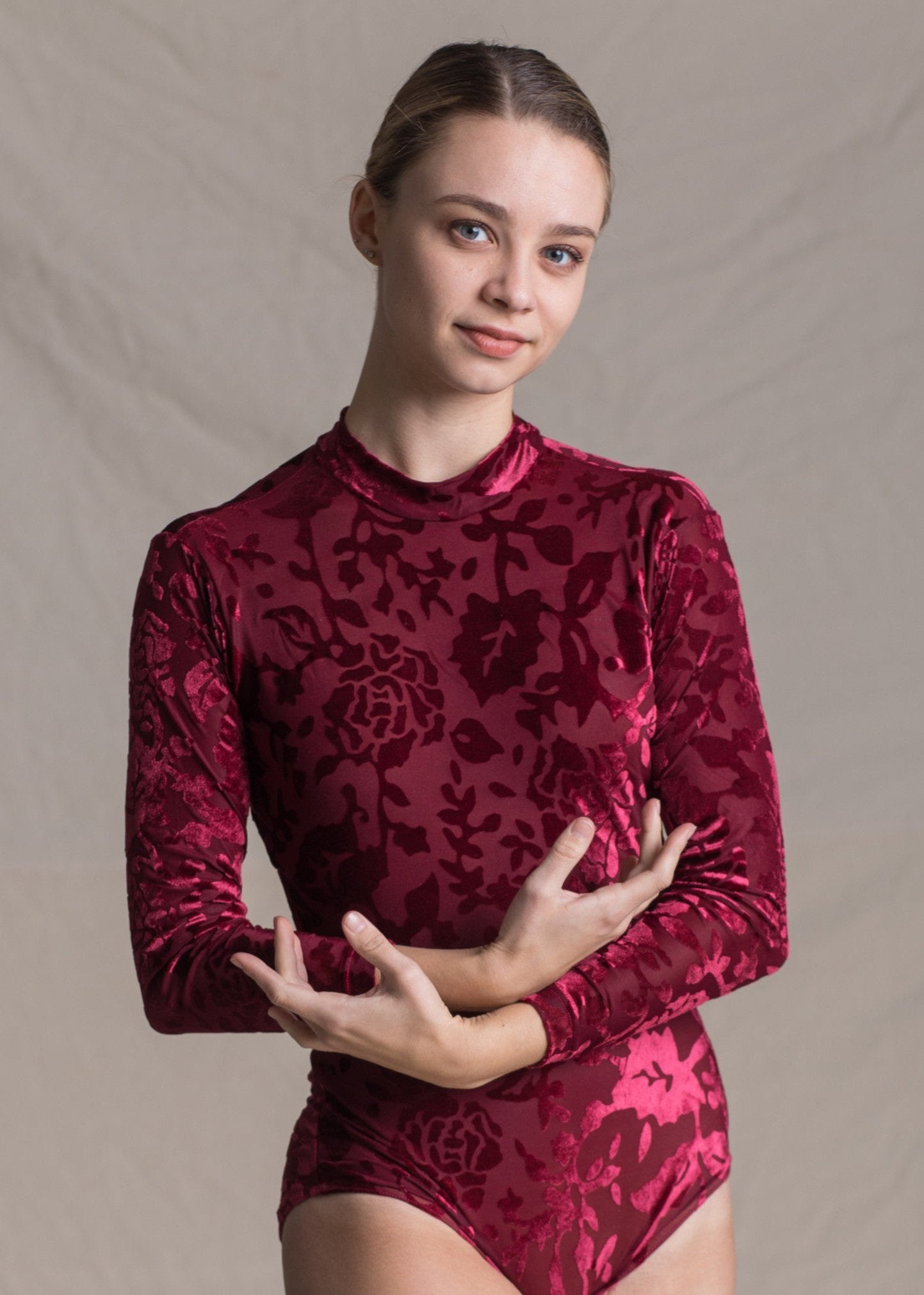 Doolittle Leotard - Floral Velvet Long Sleeves Leotard burgundy front